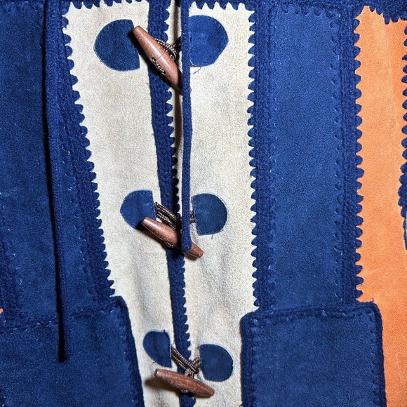 Vintage Women`s Small Leather Acrylic Indian Aztec Navy Blue Jacket w/ Hood - Picture 8 of 10